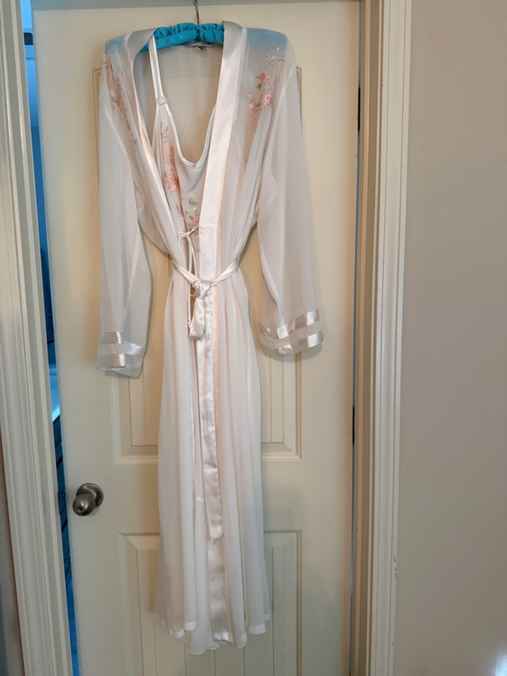 Linea Donatella White Sheer Robe with Pink Floral Embroidery